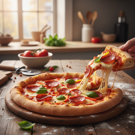 Close-up of a freshly baked pizza with melted cheese and fresh toppings on a wooden table